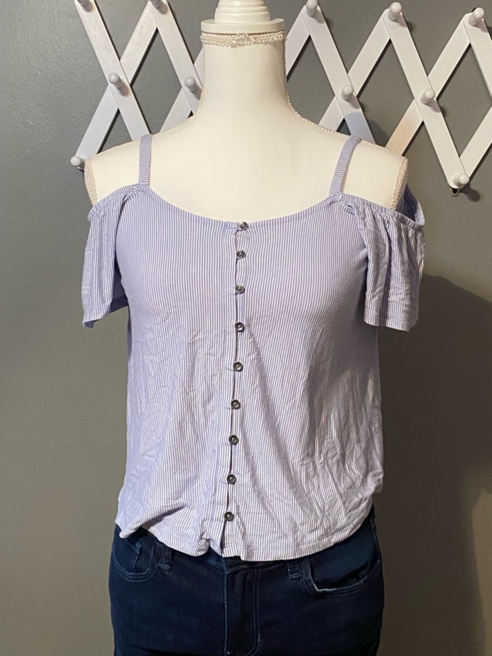 American Eagle Outfitters Striped Cold Shoulder Button Front Top